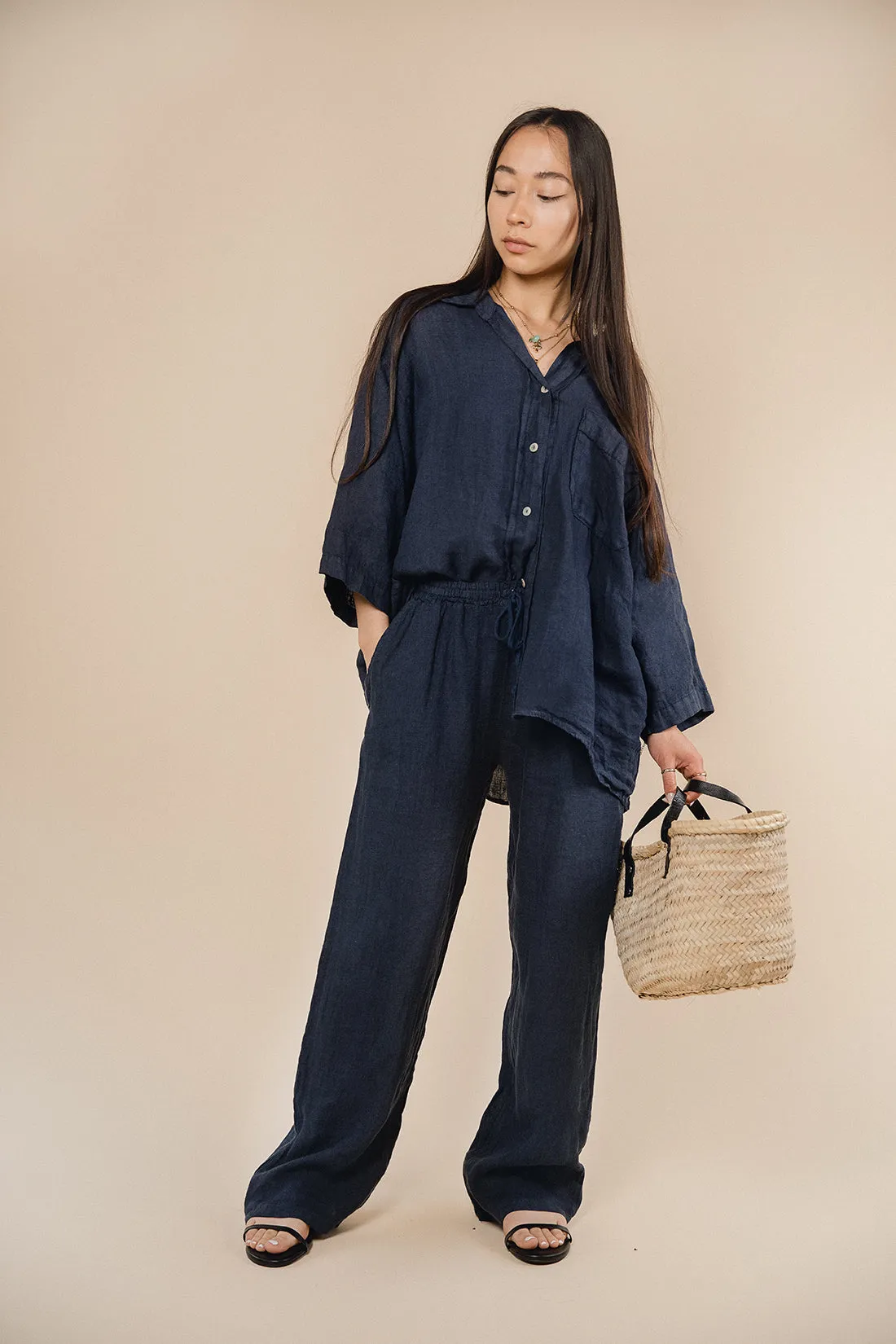 Briony Draw String Wide Leg Navy Trousers