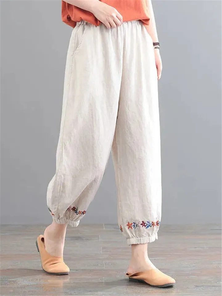 Casual Solid Color Embroidered Harem Pants