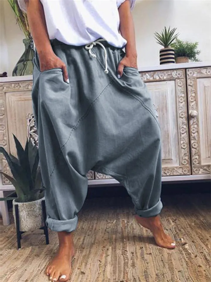 Casual Style Elastic Waist Band Drawstring Pocket Harem Pants