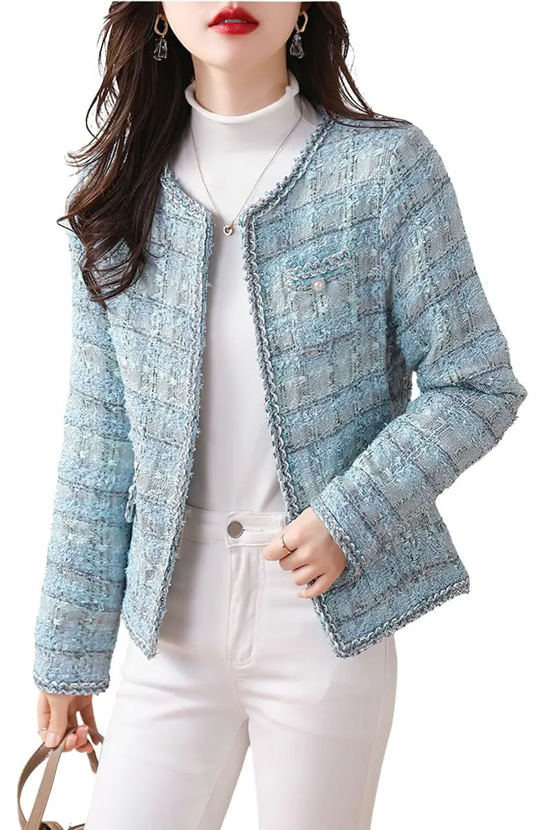 Chouyatou Women's Elegant Open Front Tweed Jacket Slim Collarless Bussiness Casual Blazer Jacket