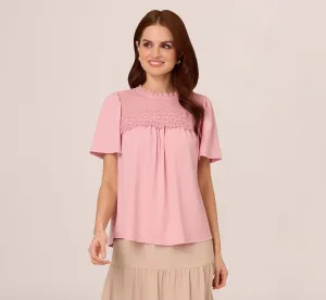 Flutter Sleeve Lace Yoke Trapeze Top In Pink Nectar
