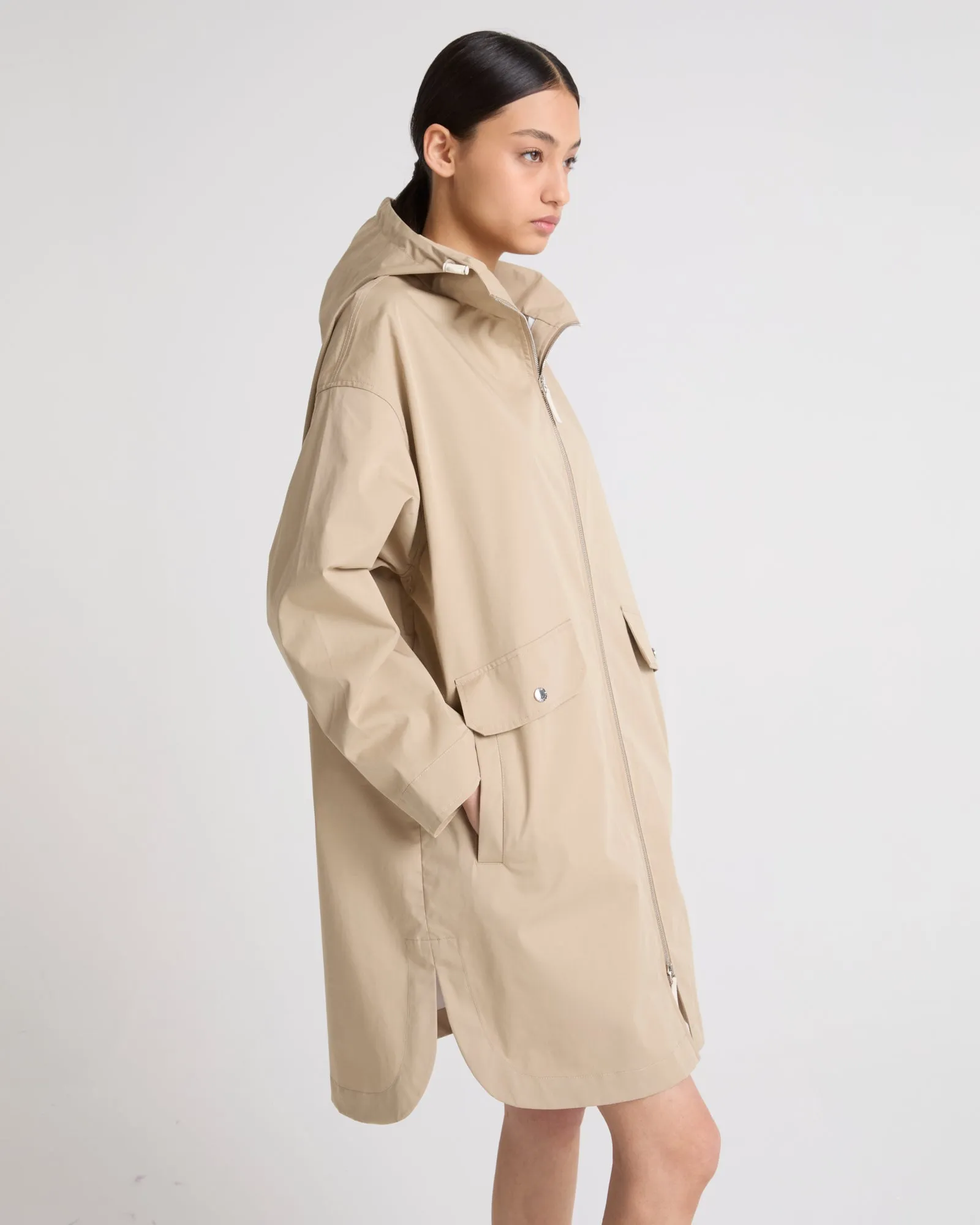 Long parka in technical cotton-mix fabric