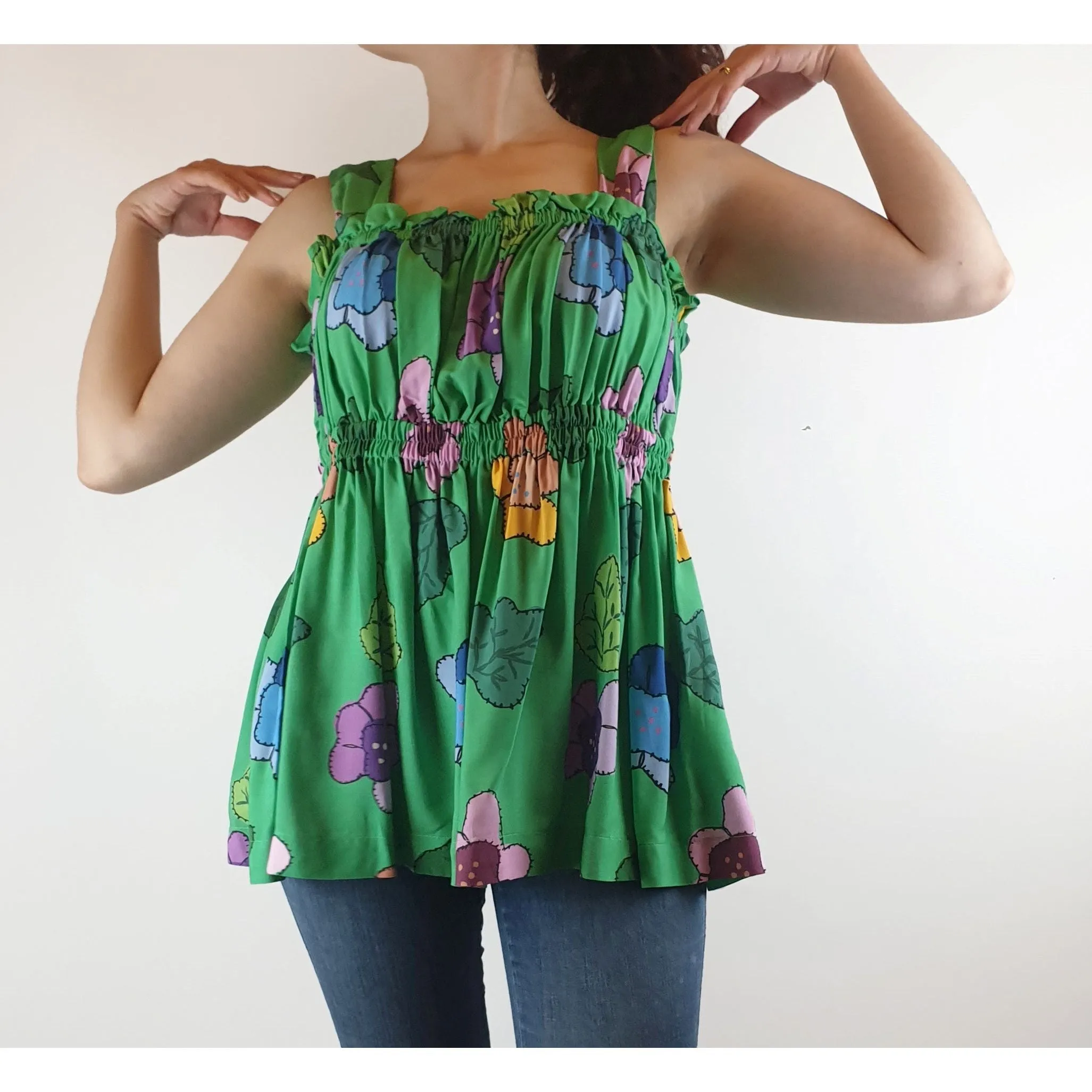 Obus green recycled rayon sleeveless top with pretty print size 10