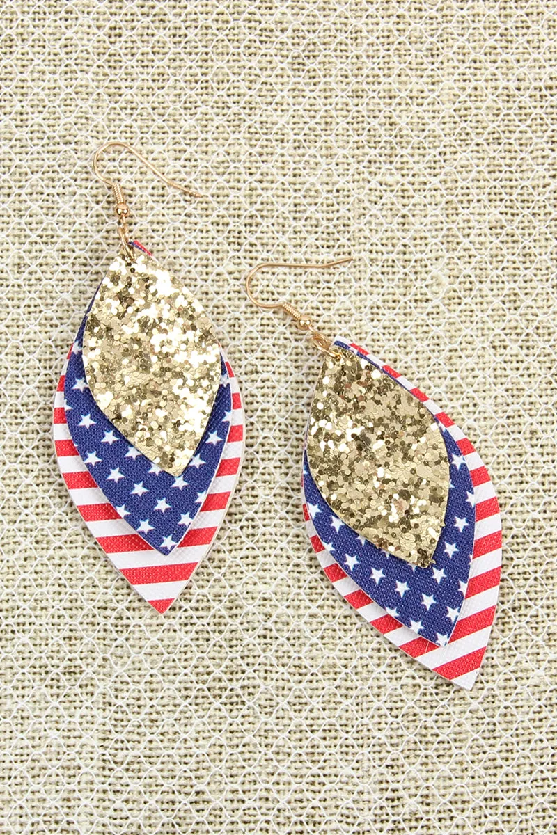 USA FLAG WITH SEQUIN MARQUISE LAYERED LEATHER DROP EARRINGS