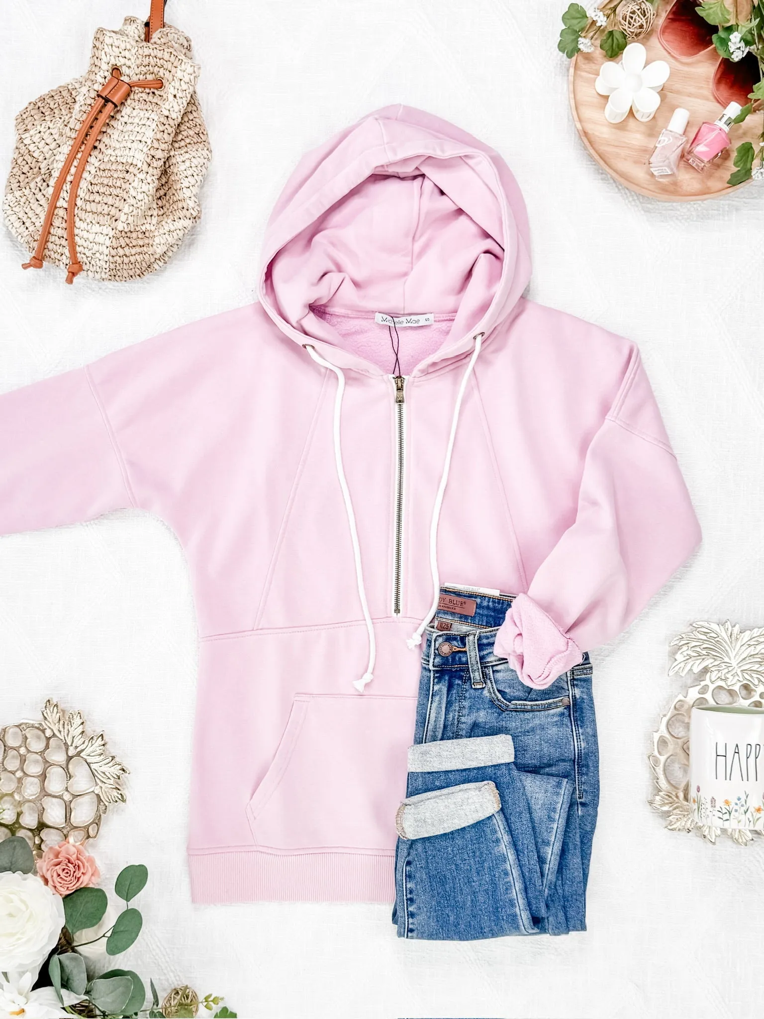Vintage Wash HalfZip Hoodies - Cherry Blossom Pink