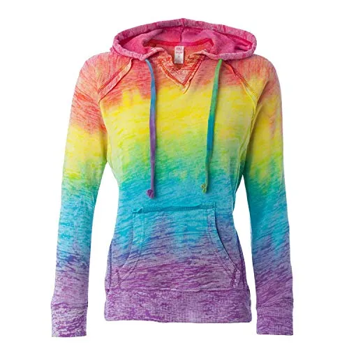 Women's Rainbow Tie Dye Burnout Pullover Hoodie Blend Fleece
